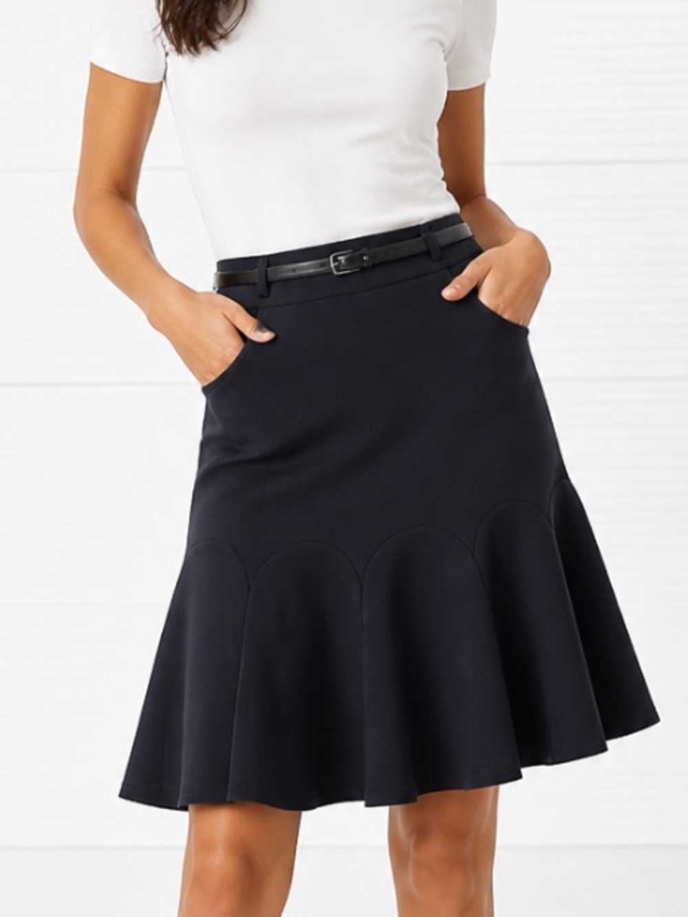 ELEVENSES Skirt Black Career Lined Full Flare Scalloped